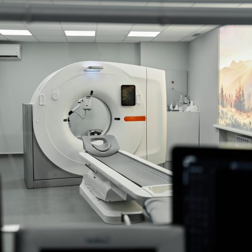 MRI, -, Magnetic, resonance, imaging, scan, device, Hospital., Medical, Equipment, Health, Care., CT, Computerized, Tomography, scaner, room.Concept, photo, instrumental, diagnostics, anatomy, organs, nervous, system, determine, cause, disease, like, headache